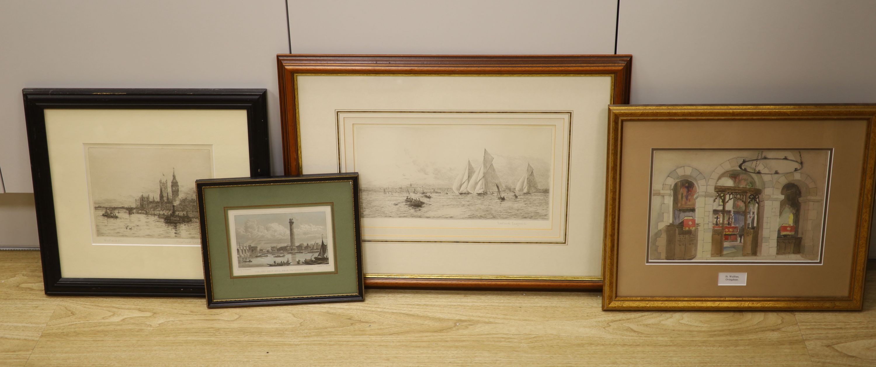Rowland Langmaid (1897-1956), etching, Yachts and other vessels off the coast, signed in pencil, 15.5 x 30cm, another etching of Westminster, and two other prints